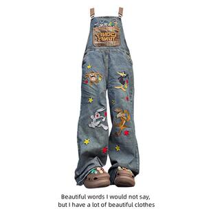 慵懒风重工阔腿连体裤 女2025春秋新款 复古卡通刺绣牛仔背带裤 美式