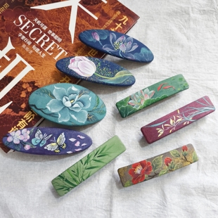 倾城原创绿竹香云纱汉服头饰彩绘弹簧夹中国风复古风新中式发夹子