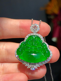 危地马拉天然翡翠｜高危玻璃种满绿帝王绿18k金豪华镶嵌佛公吊坠