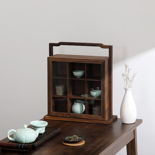 北美黑胡桃木九宫多宝格桌面实木置物架茶具收纳展示盒收藏玻璃柜