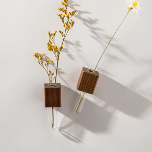 试管花瓶冰箱贴磁吸水培鲜花实木插花器玻璃管水培器家居摆件装 饰