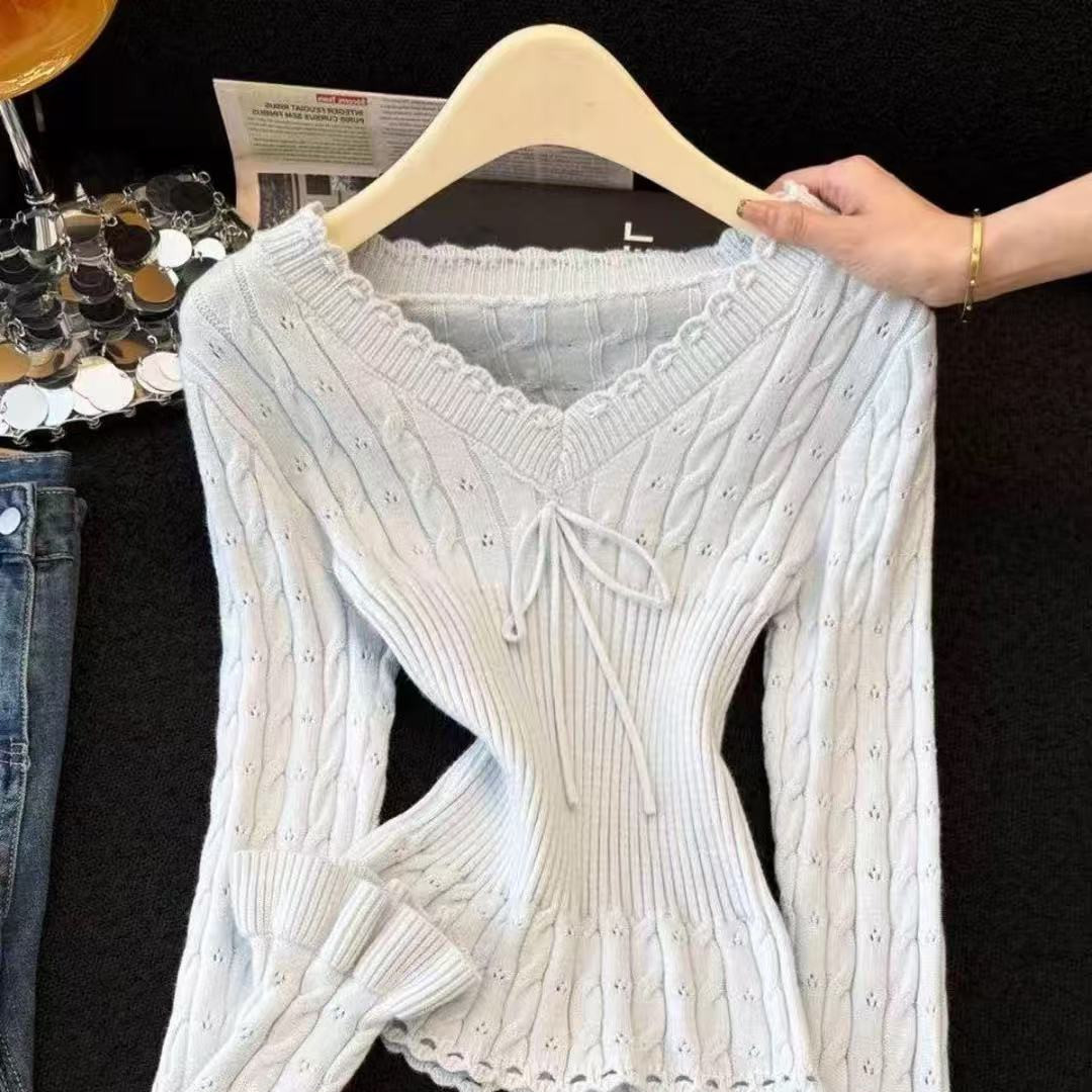 V领绑带镂空设计韩系针织衫女百搭修身休闲慵懒风毛衣小个子毛衣