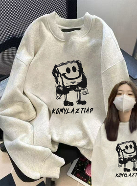 可爱卡通印花图案设计感冬季银狐绒花灰色宽松百搭无帽圆领卫衣潮