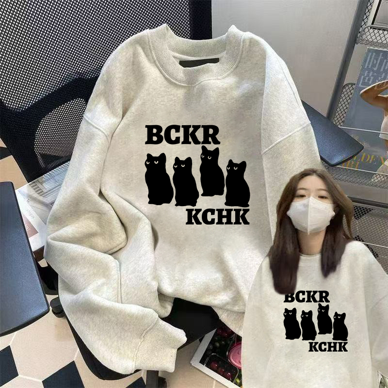 冬季银狐绒可爱小猫字母设计感印花宽松花灰色学生中长款圆领卫衣