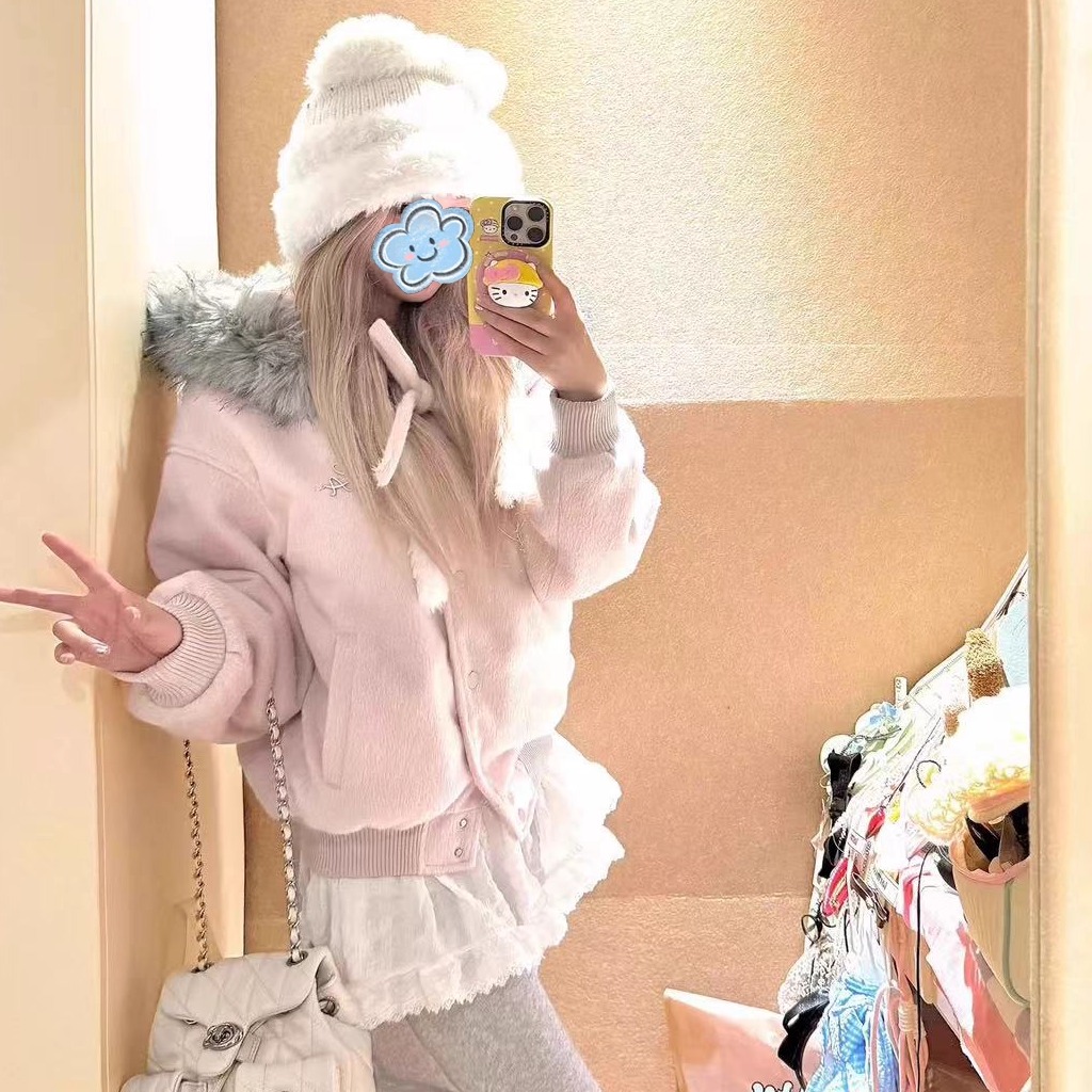 2025冬季新款甜美风粉色女蝴蝶结绑带百搭小个子显瘦毛领连帽外套