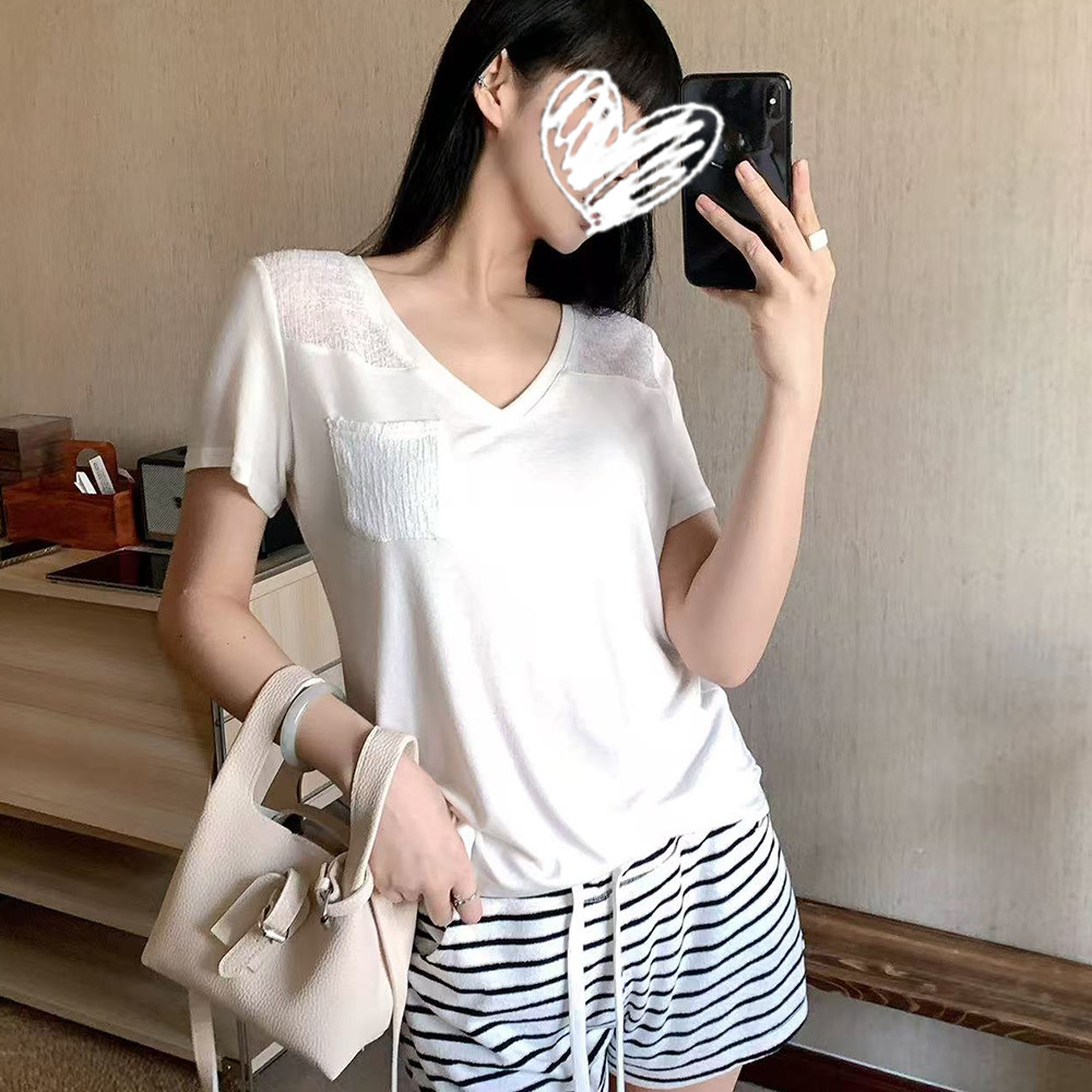 辣妹风白色V领短袖T恤女修身显瘦口袋设计感时尚休闲百搭小众上衣