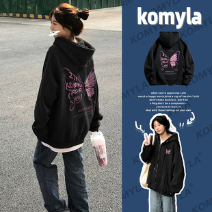 卫衣外套女秋冬加厚银狐绒 慵懒原宿风连帽拉链开衫 穿过秒爱 法式