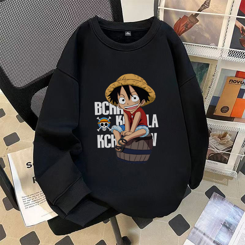 慵懒风百搭冬季银狐绒宽松可爱卡通人物印花黑色街头无帽圆领卫衣