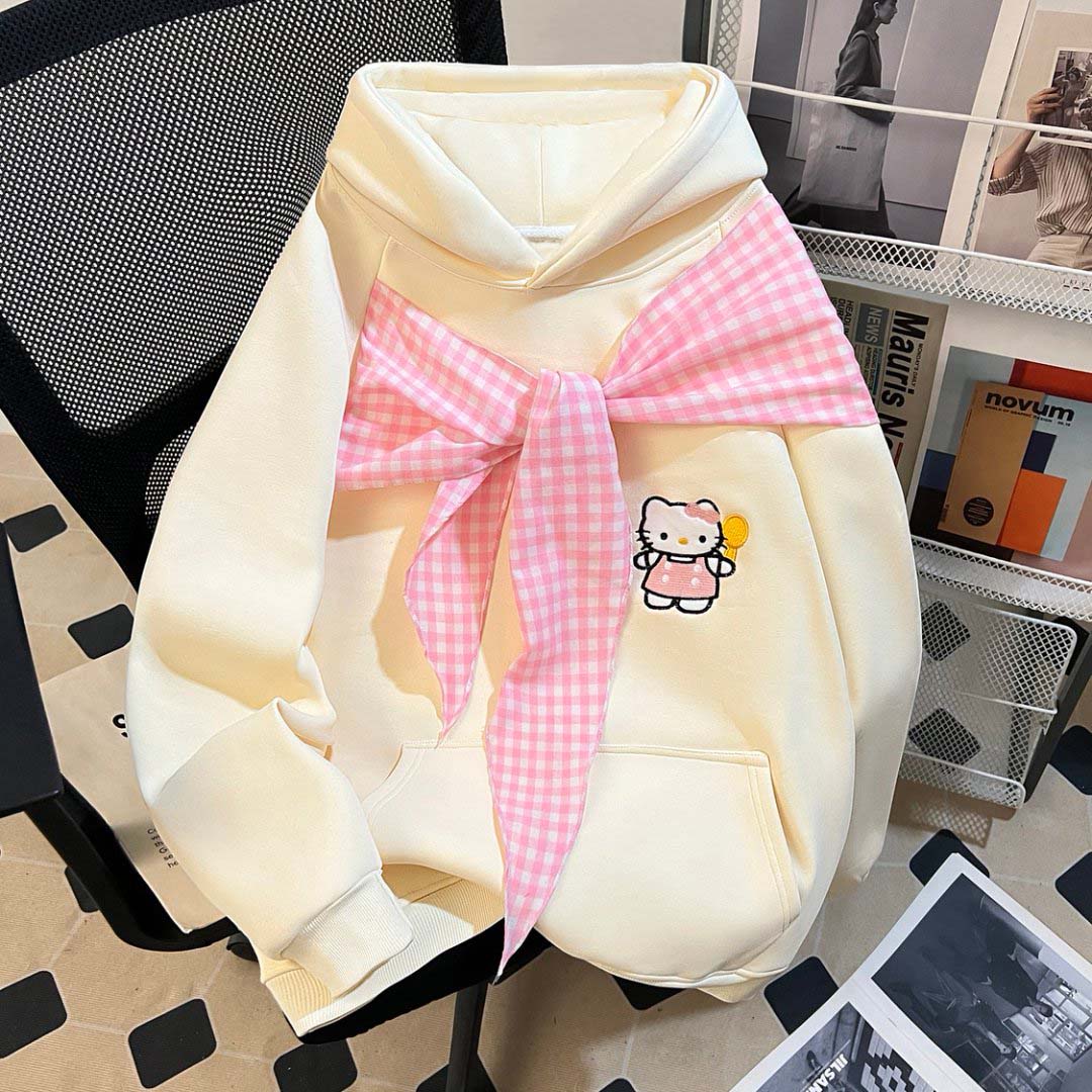 韩系设计感超好看百搭冬季新款闺蜜杏色粉白条纹绑带连帽卫衣ins