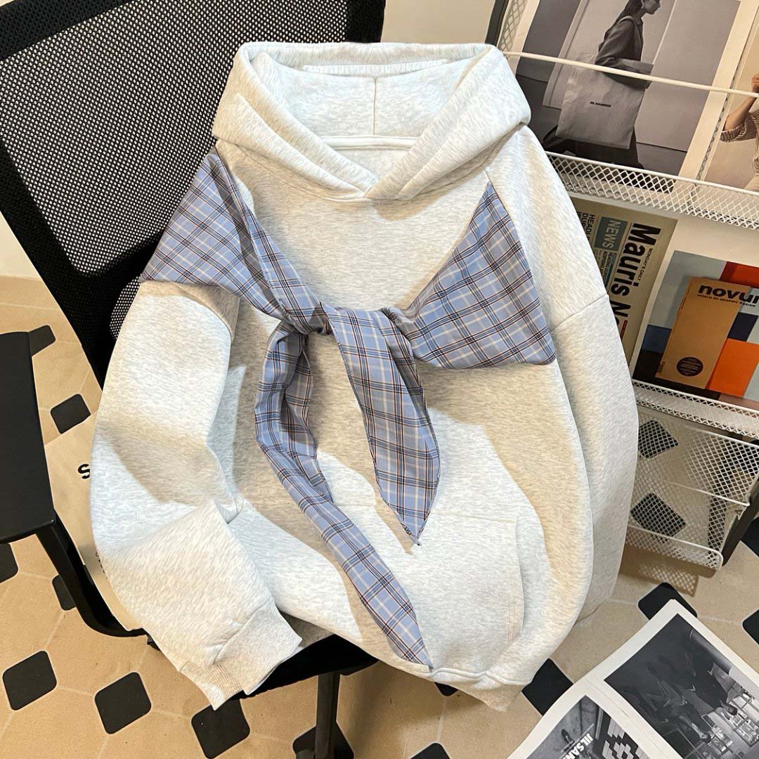 原宿风超好看百搭冬季学生党小众创意白灰色拼灰格绑带连帽卫衣潮