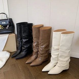 管靴子 真皮时髦内增高尖头长靴女褶皱堆堆高筒粗跟裤 lady ww新款