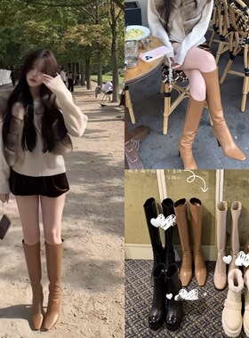 lady ww大姐姐同款真皮高跟长筒靴女黑色方头粗跟骑士靴瘦瘦靴子