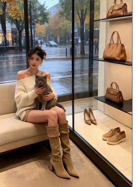 lady ww许妍一下高跟气质长靴尖头粗跟弹力瘦瘦靴高筒靴子女过膝