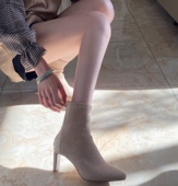 lady 尖头细高跟拉链瘦瘦靴弹力短靴女 超好穿真皮杏色冬季 推荐