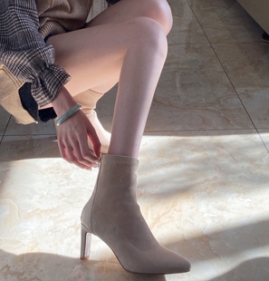 超好穿真皮杏色冬季 推荐 尖头细高跟拉链瘦瘦靴弹力短靴女 lady