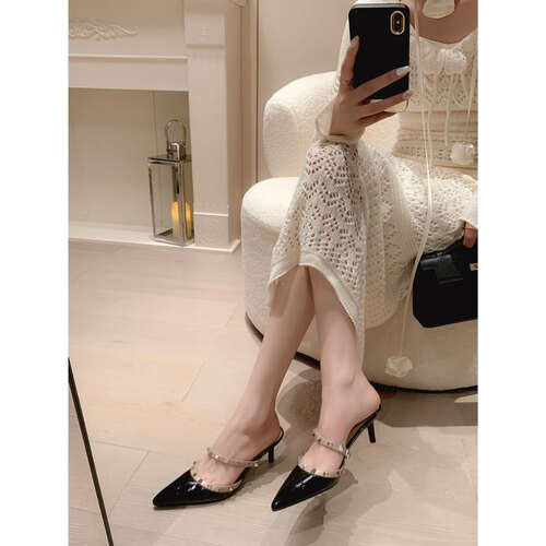 夏季尖头铆钉细高跟法式包头半拖