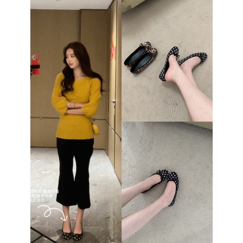 超美复古波点平底鞋女芭蕾舞鞋子