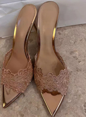 lady ww性感尖头宴会舒适高跟鞋女2025新款蕾丝刺绣细跟凉拖鞋夏