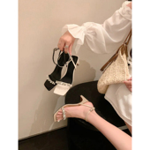 女不累脚高跟鞋 lady ww巴黎晚宴方头真皮水钻一字带露趾粗跟凉鞋