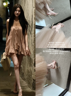 lady ww琮瑗美女子舒适细跟绑带高跟鞋气质水钻包头女鞋宴会凉鞋