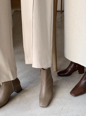 lady ww韩里韩气全真皮方头短靴秋冬通勤简约粗中跟5cm精致瘦瘦靴