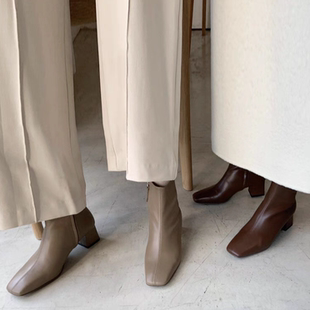 lady ww韩里韩气全真皮方头短靴秋冬通勤简约粗中跟5cm精致瘦瘦靴