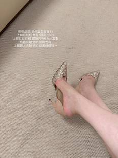 柜柜品质！气质裸色亮片尖头中空细高跟鞋百搭浅口性感真皮单鞋女