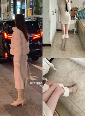 lady ww韩女lap*a温柔风长靴女粗跟方头真皮高跟两穿靴子舒适通勤