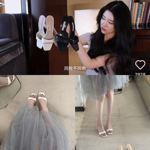 周子然同款一字高跟鞋女方头拖鞋