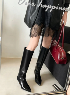 lady ww牛皮长筒靴女小众尖头时尚简约小猫跟高筒骑士靴显瘦靴子