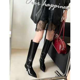 lady ww牛皮长筒靴女小众尖头时尚简约小猫跟高筒骑士靴显瘦靴子