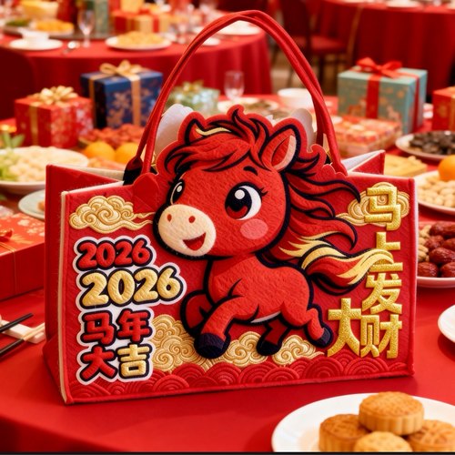 2026马年礼品袋毛毡包新年伴手礼高级定制logo商务礼品包装年会礼