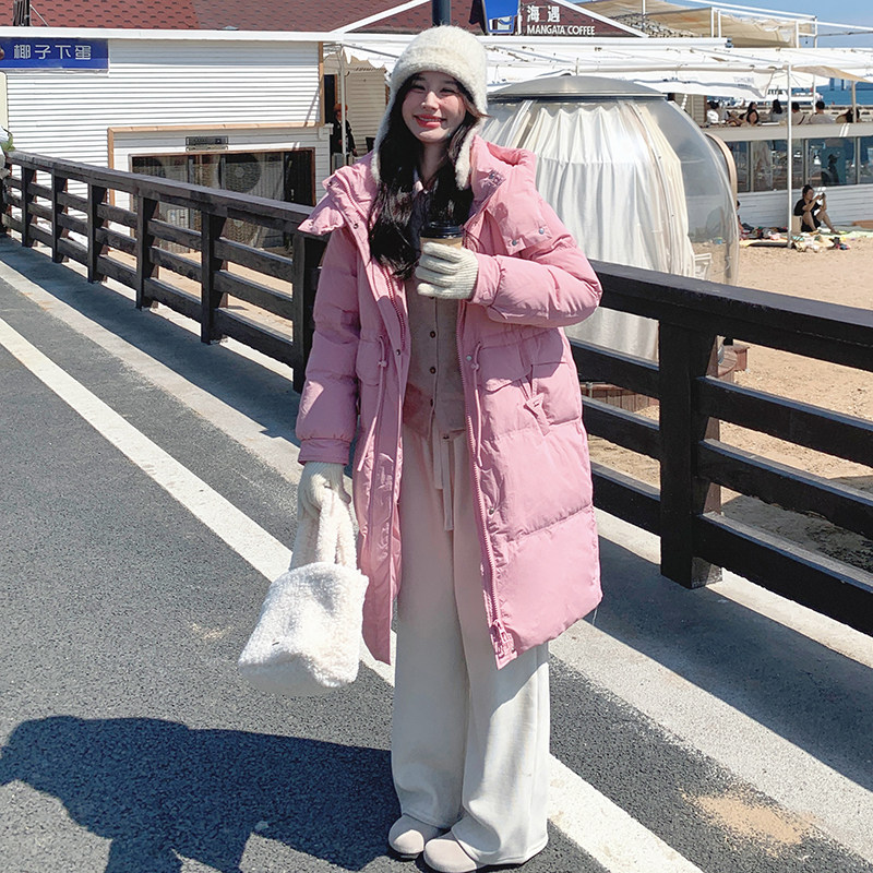粉色中长款羽绒服女2025冬季新款韩系收腰显瘦设计感90白鸭绒外套