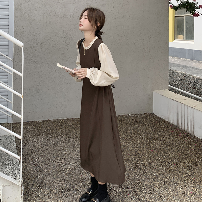 长袖假两件连衣裙女收腰显瘦气质