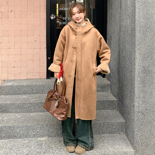 羊羔毛皮毛一体外套女2025年冬季新款韩系连帽加绒加厚中长款大衣