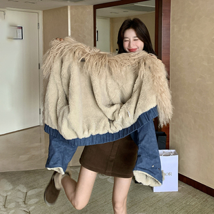 水洗牛仔毛毛派克服外套女2025冬新款小个子流行爆款加绒加厚上衣