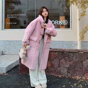 粉色连帽皮毛一体外套女2025冬季新款宽松中长款加绒加厚保暖大衣
