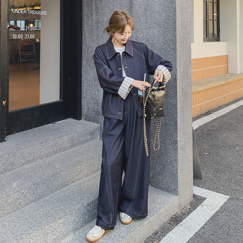 藏青色牛仔套装女2026春秋季新款韩系高级感气质外套阔腿裤两件套,女装/女士精品,时尚套装,淘宝优惠券,粉丝福利购,淘宝优惠卷