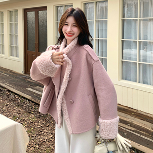 粉色双面呢毛呢外套女2025年冬季新款加厚保暖羊羔毛拼接呢子大衣