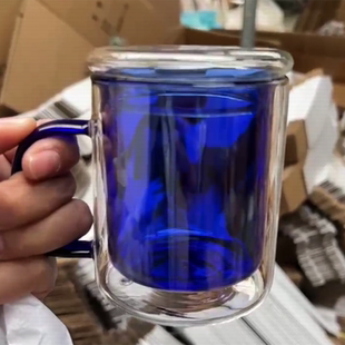 零极限清理工具蓝色玻璃杯瓶子新款彩色双层带把咖啡杯耐高温送课