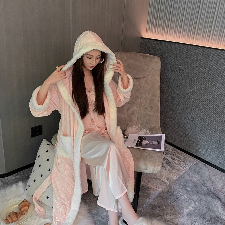 法兰绒连帽睡袍秋冬加厚保暖