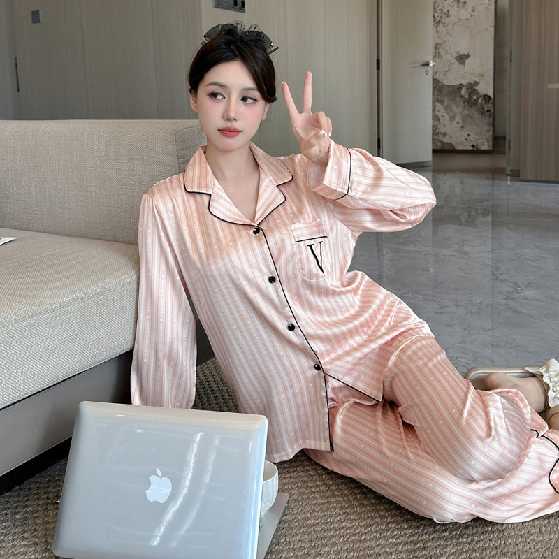 睡衣女秋冬缎面长袖家居服套装竖条纹质感高级感气质休闲可外穿