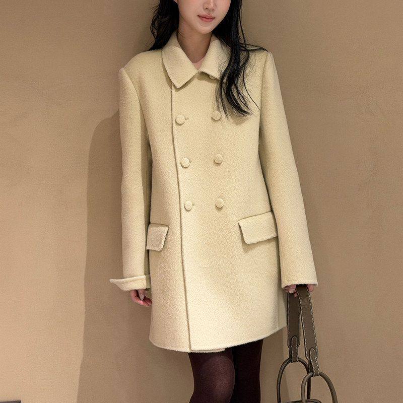 双排扣小翻领中长款宽松双面毛呢大衣女冬季高级感气质呢子外套