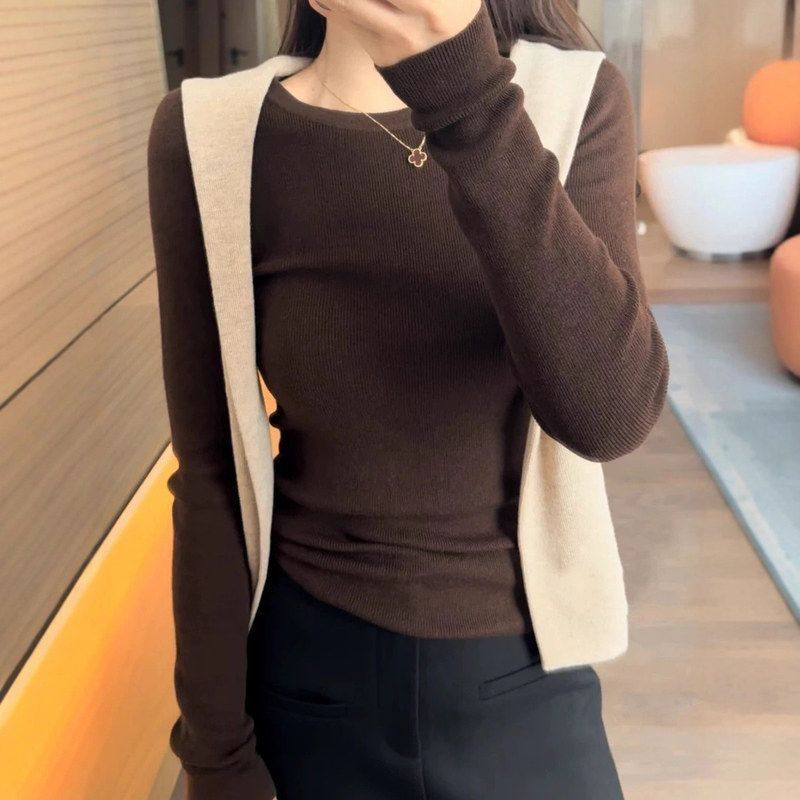 2025秋冬新款羊毛圆领修身打底衫女灰色简约内搭长袖针织上衣,女装/女士精品,毛针织衫,淘宝优惠券,粉丝福利购,淘宝优惠卷