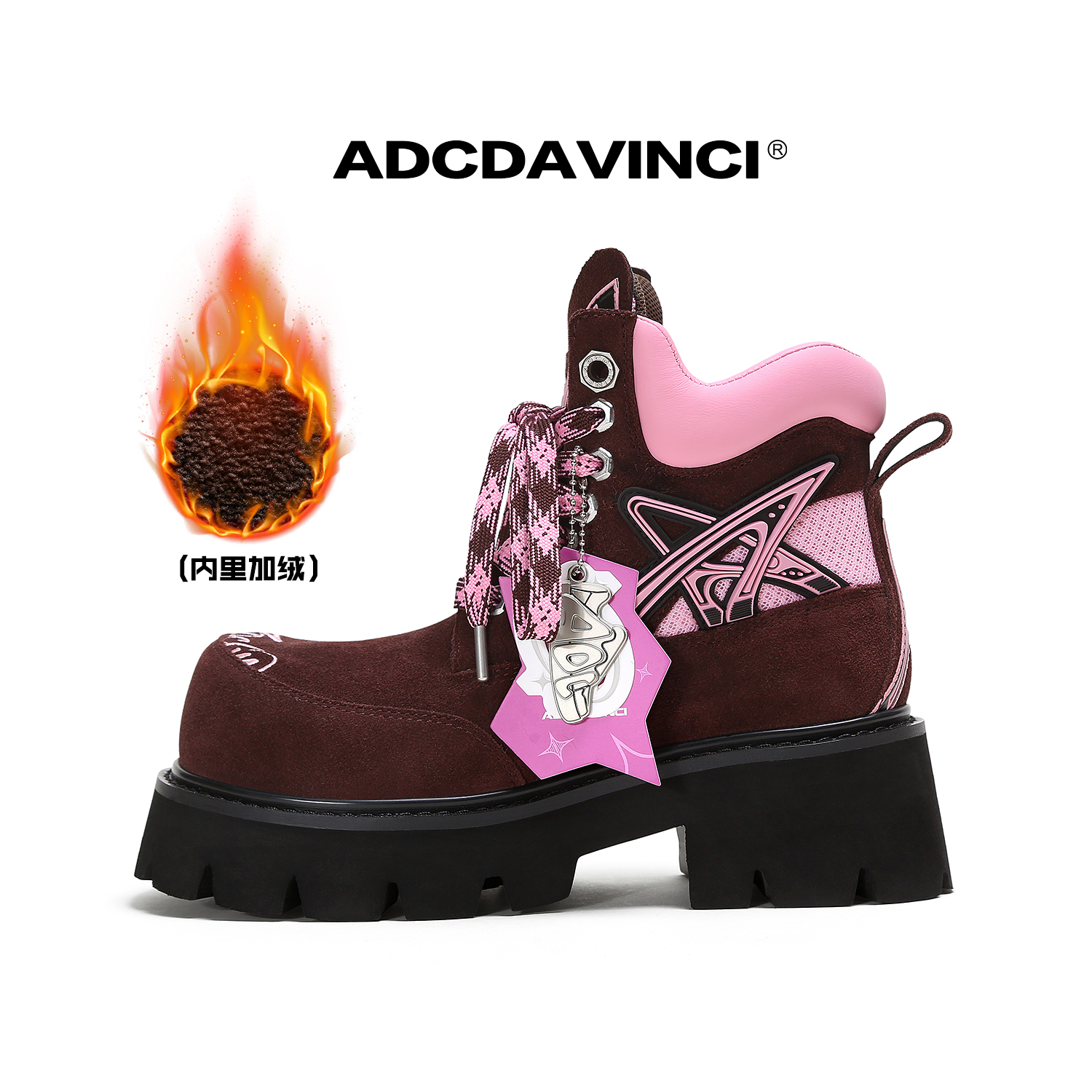 乔一鱼同款 ADC达芬奇 猫耳朵秋冬加绒保暖厚底增高8CM女生马丁靴