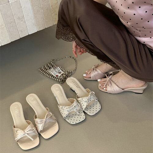 法式蝴蝶结波点一字拖女夏季