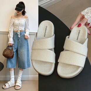 韩式草编一字拖女2026夏季新款外穿平跟套脚日常简约度假风凉拖鞋