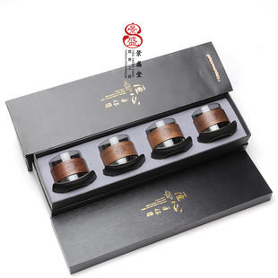 景盛堂玻璃茶杯耐热耐高温木环防烫杯主人杯垫礼盒装刻字送人自用