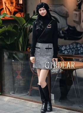 1200290哥千鸟格小香风半身裙子