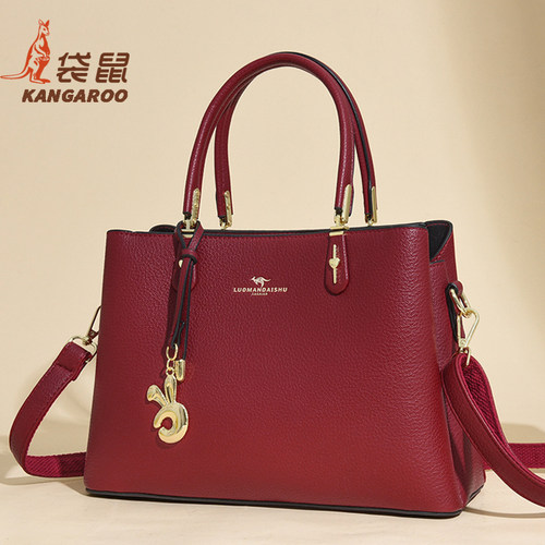 【高品质】袋鼠真皮红色女包